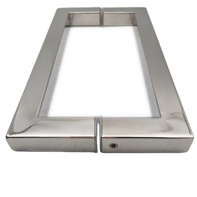 Porte vitrée à pivot carré en acier inoxydable finition au chrome poli avec poignée et échantillon