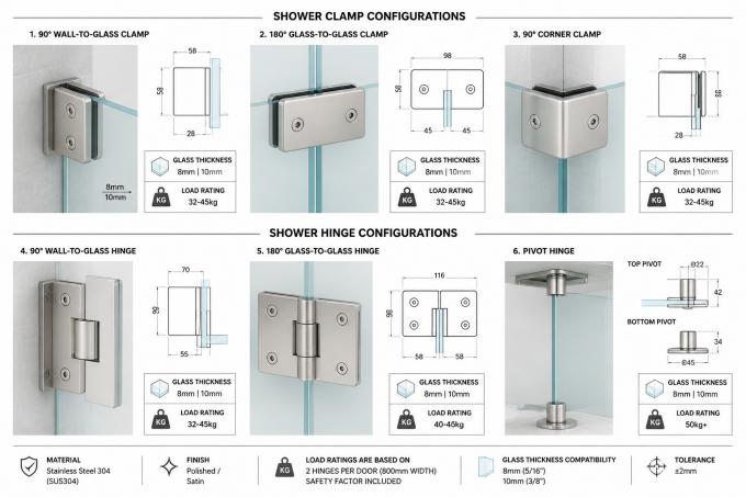 Shower clamp and hinge configurations — technical diagram with load ratings