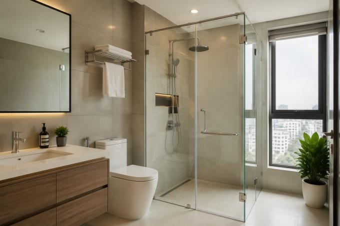Modern Vietnamese apartment bathroom — frameless shower with clamps and hinges